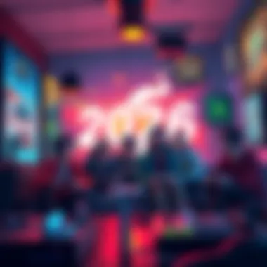 A group of friends enjoying video games together, surrounded by colorful gaming posters and consoles.