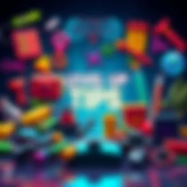 A collection of colorful gaming tools and items that symbolize strategies for leveling up in video games