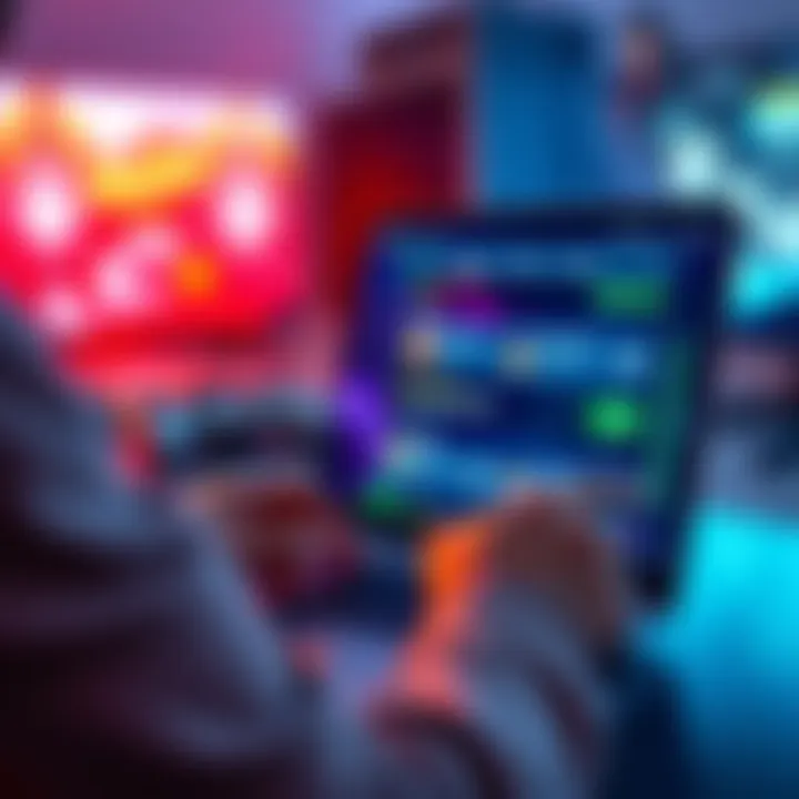 A person playing video games on a laptop, with a focus on a gaming interface showing options to play and cash out easily.