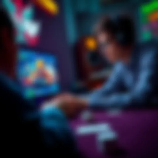 A person playing a video game, focused on the screen, with dice and cards on the table, symbolizing luck and skill in gaming.