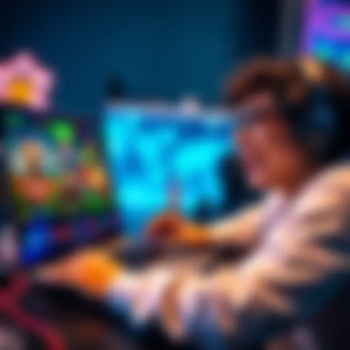 A person playing games on a laptop with colorful graphics on the screen and a joyful expression.