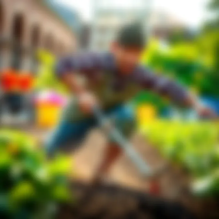 A gardener racing to complete a yard challenge in a lively competition, showing determination and focus.