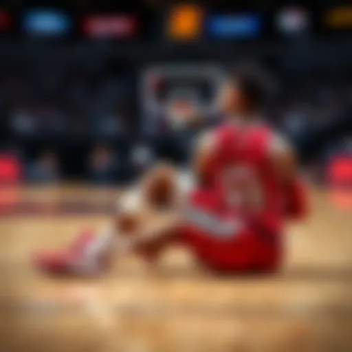 Gary Trent Jr. sitting on the basketball court with an ice pack on his knee after getting injured during a game
