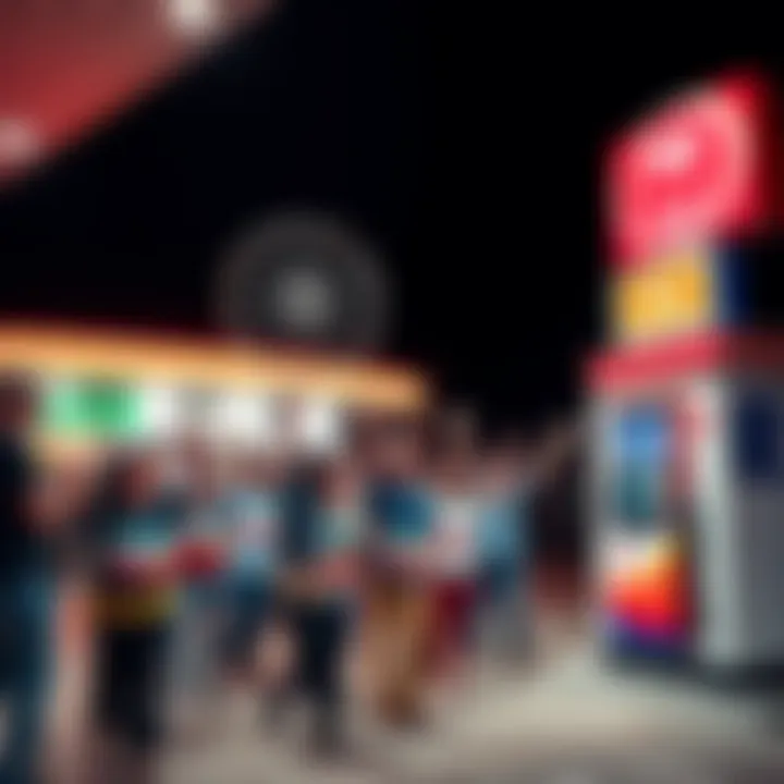 Gas station with people celebrating after winning a 50 cent prize, showing excitement and joy in the community