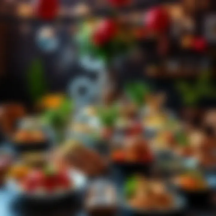 Gastronomic Celebration Feast A vibrant display of diverse dishes arranged on a table, showcasing colorful ingredients and joyful atmosphere of a culinary event.