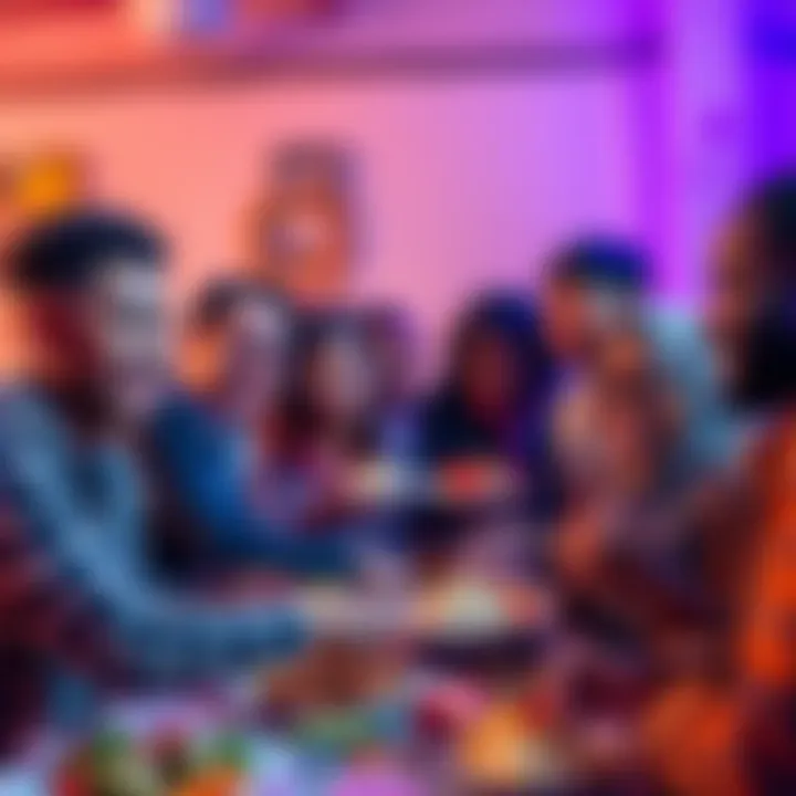 A group of diverse people sharing food and smiles in a community setting, highlighting the importance of giving and its positive impact.