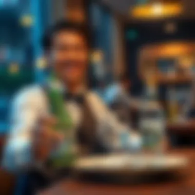 A waiter smiles as they receive a large tip from a customer after serving two bottles of Perrier water