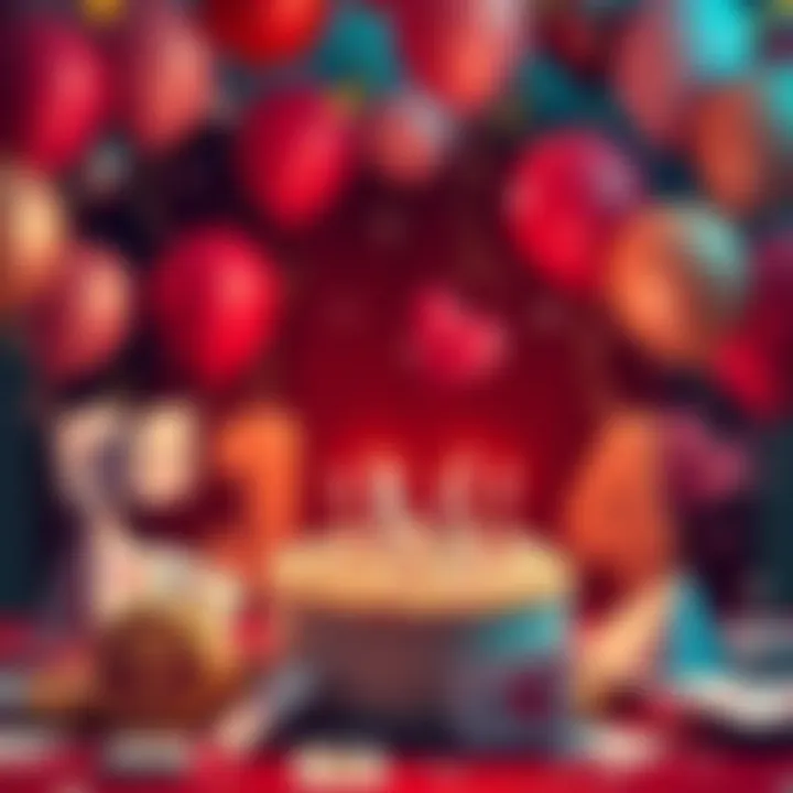A festive scene with balloons and a birthday cake for GG's 39th birthday celebration, surrounded by playing cards and joy.