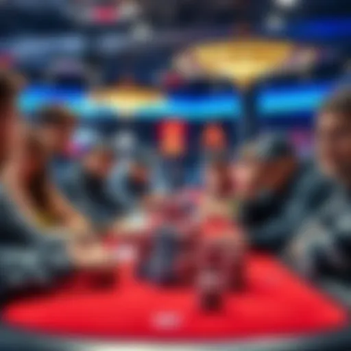 A group of players engaged in cash games at GG Poker, showing focused expressions and cards in hand, with poker chips stacked on the table, highlighting the atmosphere of online gambling.