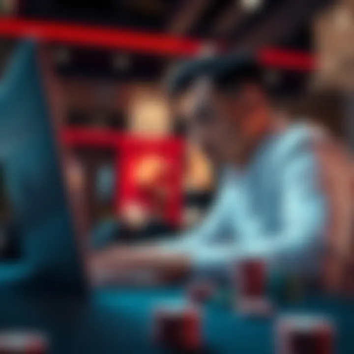 A person contemplating the creation of a new online poker account after self-exclusion, with a laptop and poker chips on the table.
