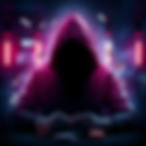 A graphic showing a shadowy figure representing ghost accounts in online poker, with money symbols indicating money laundering risks.
