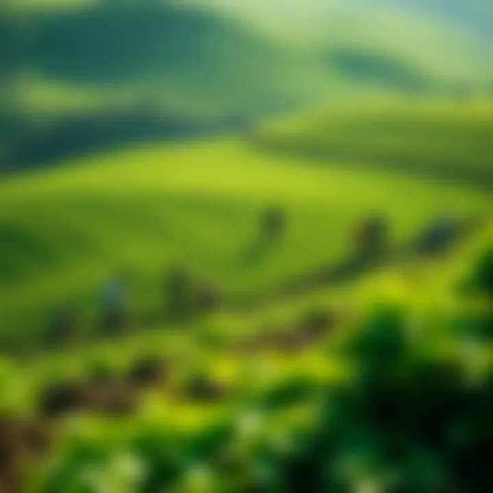 A lush green landscape with people planting trees, representing the Giant Green initiative for environmental sustainability.