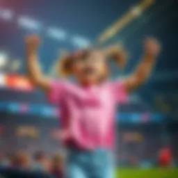 A young girl jumps in excitement with her fists raised after winning her first big sports bet during a game.