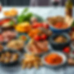 A variety of dishes from different cultures arranged on a table, showcasing vibrant colors and diverse ingredients.