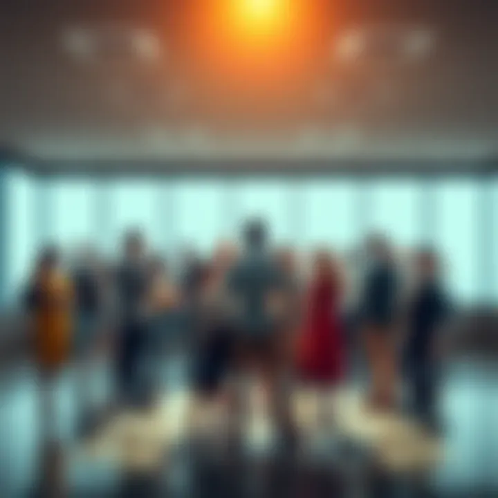 A diverse group of people discussing challenges and opportunities in a bright, open space.