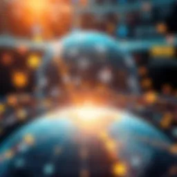 A visual representation of global internet connectivity with digital icons representing various online services and data flow around a globe