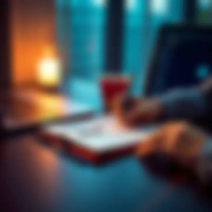 A person writing goals on a notepad with a coffee cup and laptop on the table.
