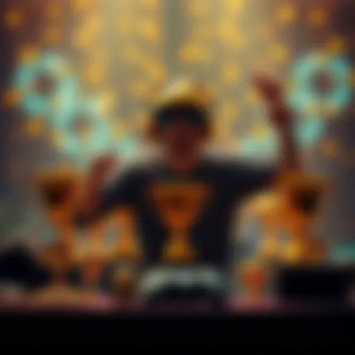 A player celebrating reaching gold level in a video game, surrounded by trophies and gaming equipment.