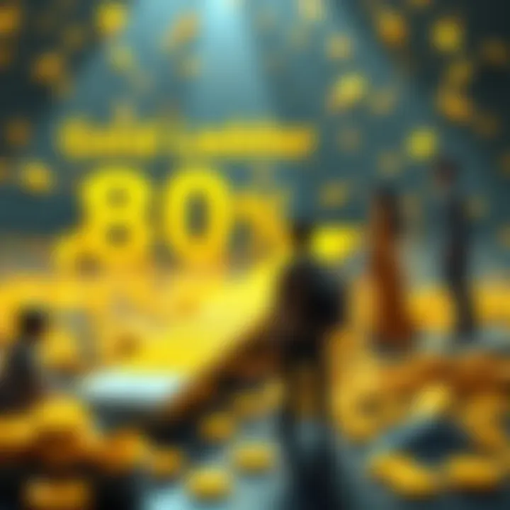 People looking at a progress bar, showing 80% completion with gold coins around