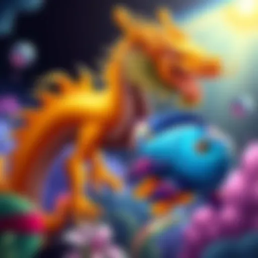 A colorful illustration showing a golden dragon and fish, representing the games looking for promoters. The dragon is majestic, while the fish is vibrant and eye-catching.