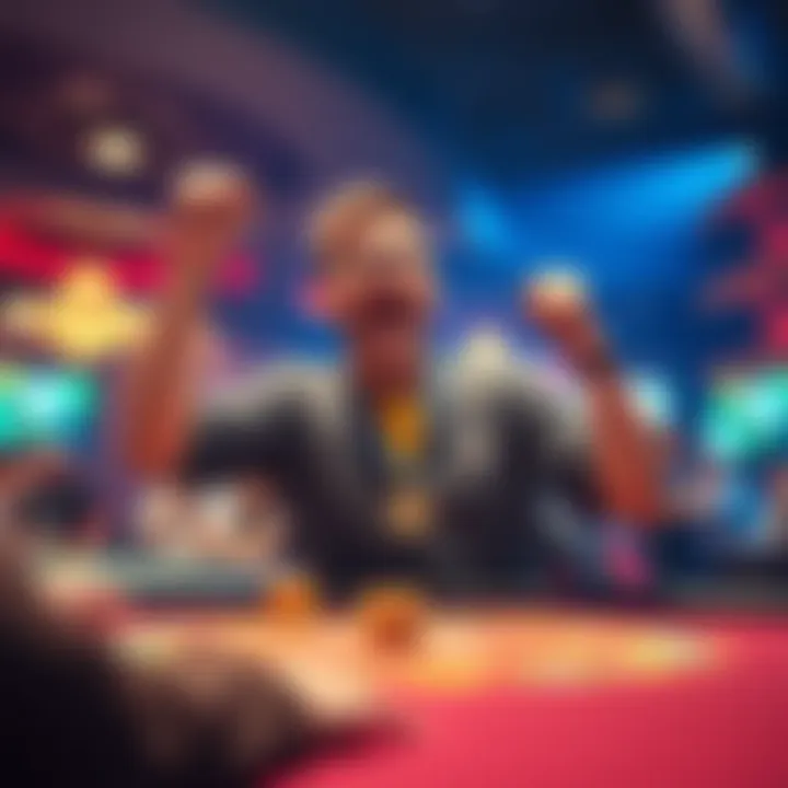 A player celebrating after winning a golden medallion with 16 consecutive victories at a gaming table, showing excitement and surprise.