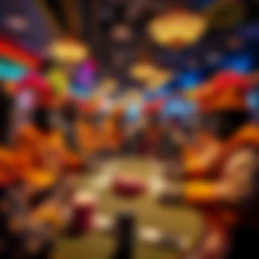 A lively poker night scene with people in carnival costumes, including gorillas, engaged in games and conversations at the Golden Nugget casino.