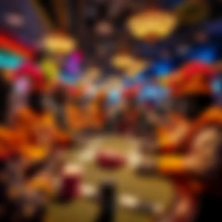 A lively poker night scene with people in carnival costumes, including gorillas, engaged in games and conversations at the Golden Nugget casino.