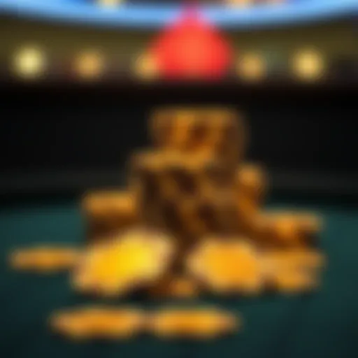 A close-up of golden poker chips stacked on a table, symbolizing the high stakes in gambling after a tough month.