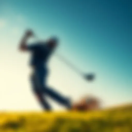 A golf player losing balance while taking a swing on the course, showcasing a moment of struggle.