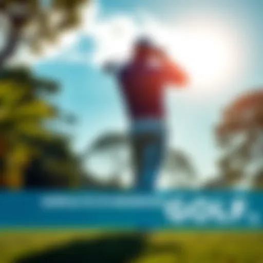 A golfer taking a swing on a sunny golf course, with trees and a blue sky in the background.