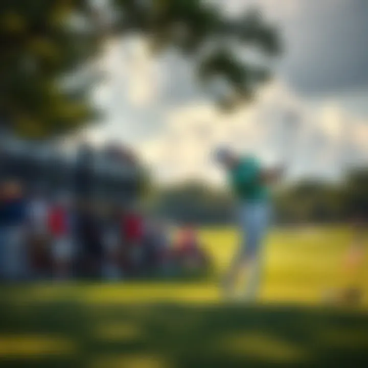 Golfer hitting a ball on TPC Oaks Course during the Valero Texas Open with crowds in the background