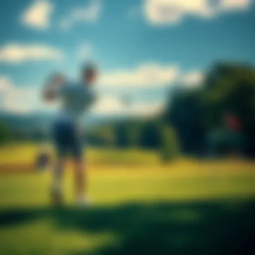 A golfer in mid-swing preparing to hit the ball on a sunny day at the golf course