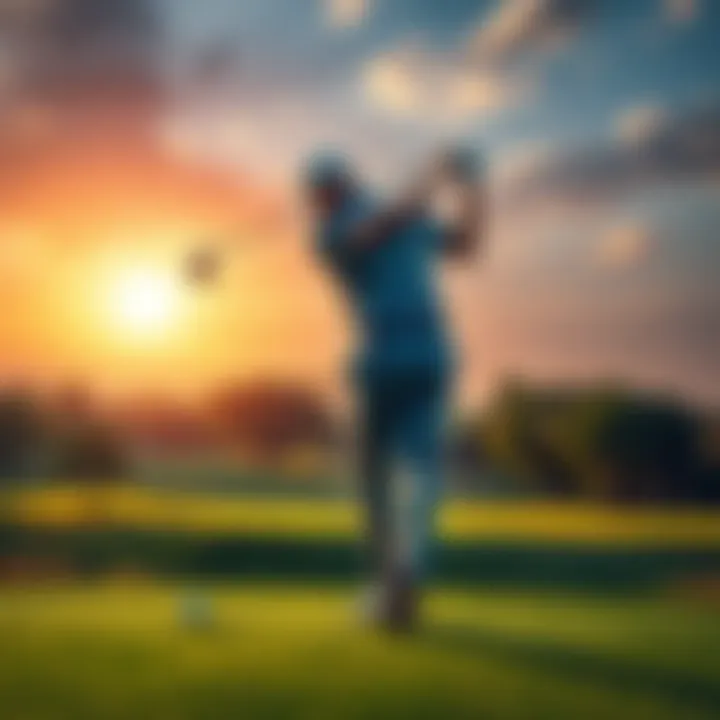 A golfer in mid-swing on a lush green golf course, focused and ready to hit the ball.