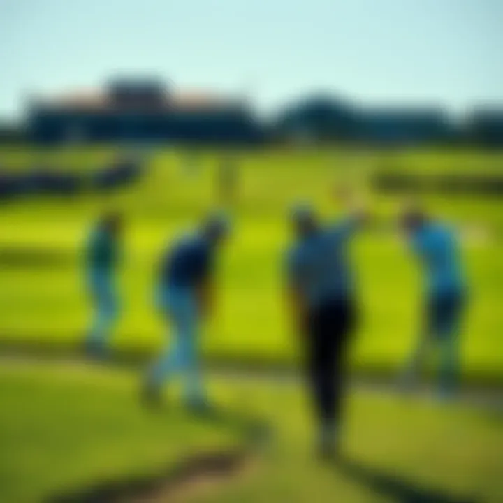 A group of golfers playing on the lush green course during the Open Championship.