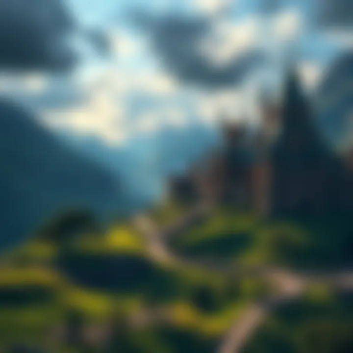 A scenic view of a fantasy kingdom resembling Gondor with towering castles and green hills
