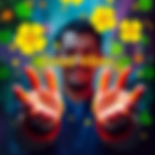 A person sending positive energy and good luck wishes with open hands, surrounded by bright colors and symbols of luck like four-leaf clovers and stars.