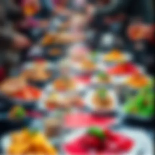 A colorful spread of various gourmet dishes on a table, showcasing different flavors and textures, inviting viewers to enjoy a culinary adventure.