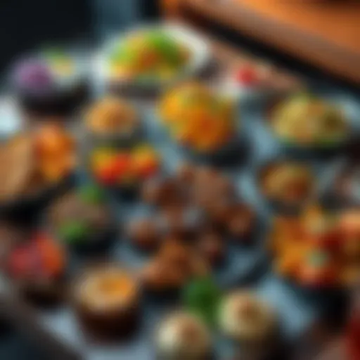 An assortment of gourmet dishes including vibrant salads, grilled meats, and desserts on a wooden table.