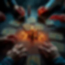 Graal Cards A collection of mysterious Graal cards laid out on a wooden table, surrounded by curious eyes and hands reaching for them.