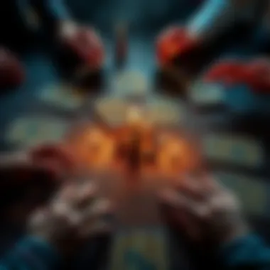 Graal Cards A collection of mysterious Graal cards laid out on a wooden table, surrounded by curious eyes and hands reaching for them.