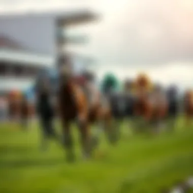 Several racehorses racing each other during the Grand National event with excited spectators in the background.