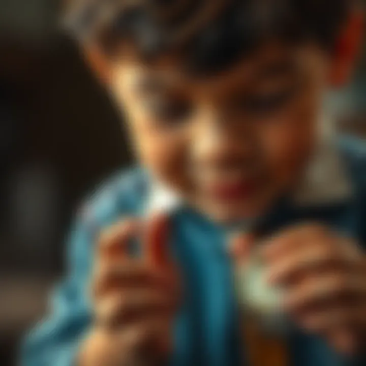 A grandson examining an old watch, searching for its details and value, showing a look of curiosity and determination.