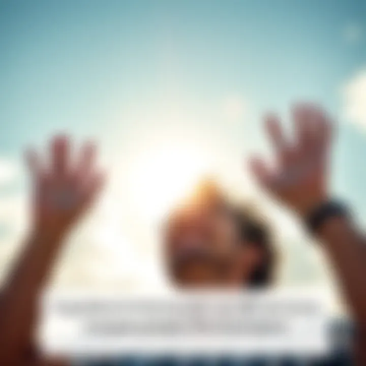 Person smiling and looking up at the sky with hands raised in appreciation during a sunny weekend