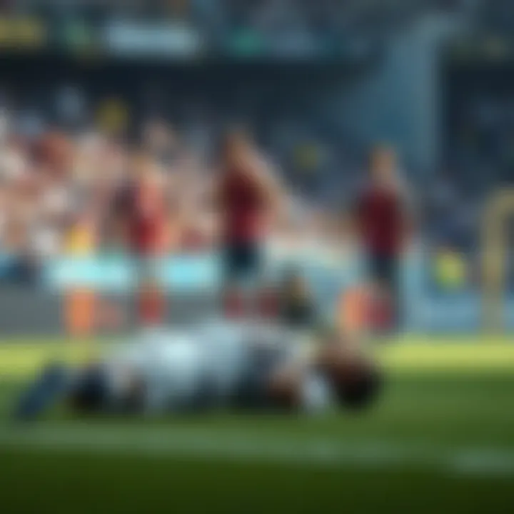 Player Gray on the ground after suffering an injury during a match, with concerned teammates and fans in the background.
