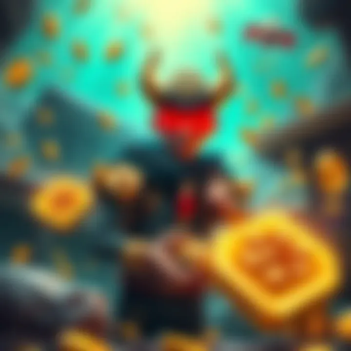 Game illustration with greed theme A character in a digital world surrounded by gold and treasures, representing greed in gaming.