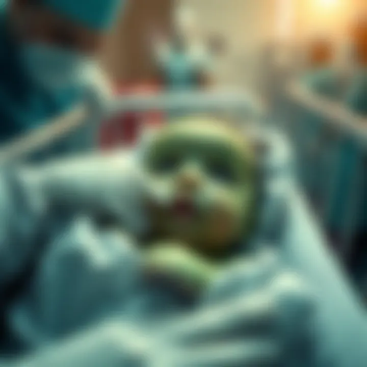A newborn baby with green skin lying in a hospital crib, surrounded by medical staff, looking surprised