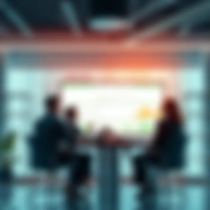 A group of individuals discussing financial strategies in a modern office, showcasing charts and graphs on a screen.