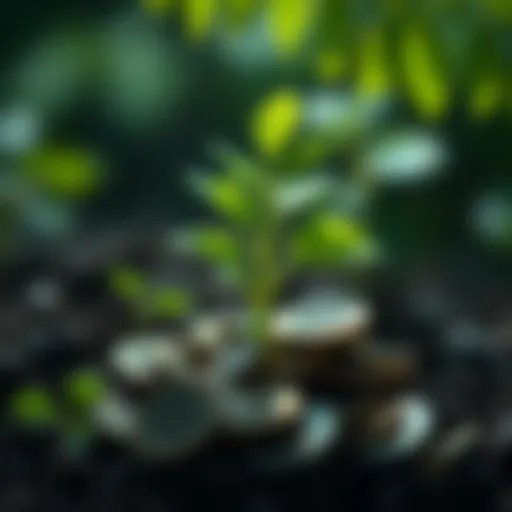 Green Investments A growing plant with coins around it, symbolizing the financial benefits of sustainable investments.