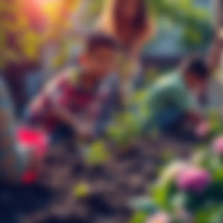 People planting trees and flowers in a community garden to promote sustainability