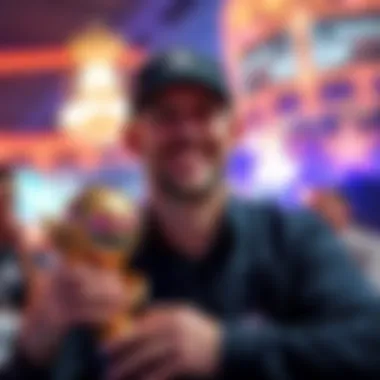 Greg Mueller at WSOP Greg Mueller celebrating his 3rd place finish at the World Series of Poker, smiling with his trophy in hand.